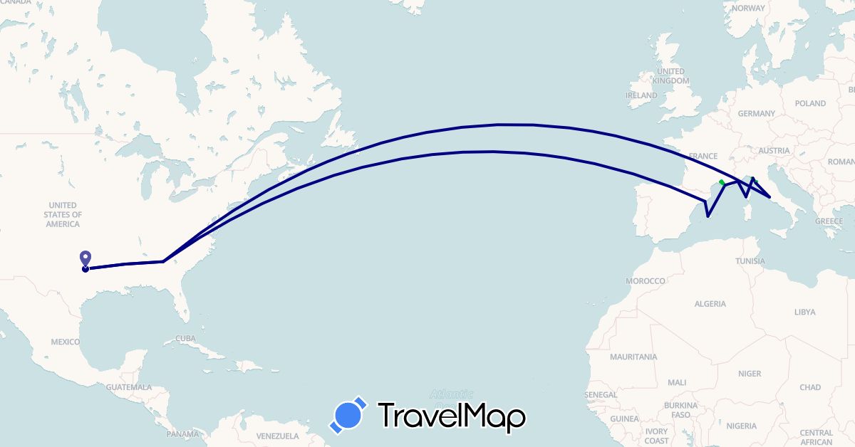 TravelMap itinerary: driving, bus in Spain, France, Italy, Monaco, United States (Europe, North America)